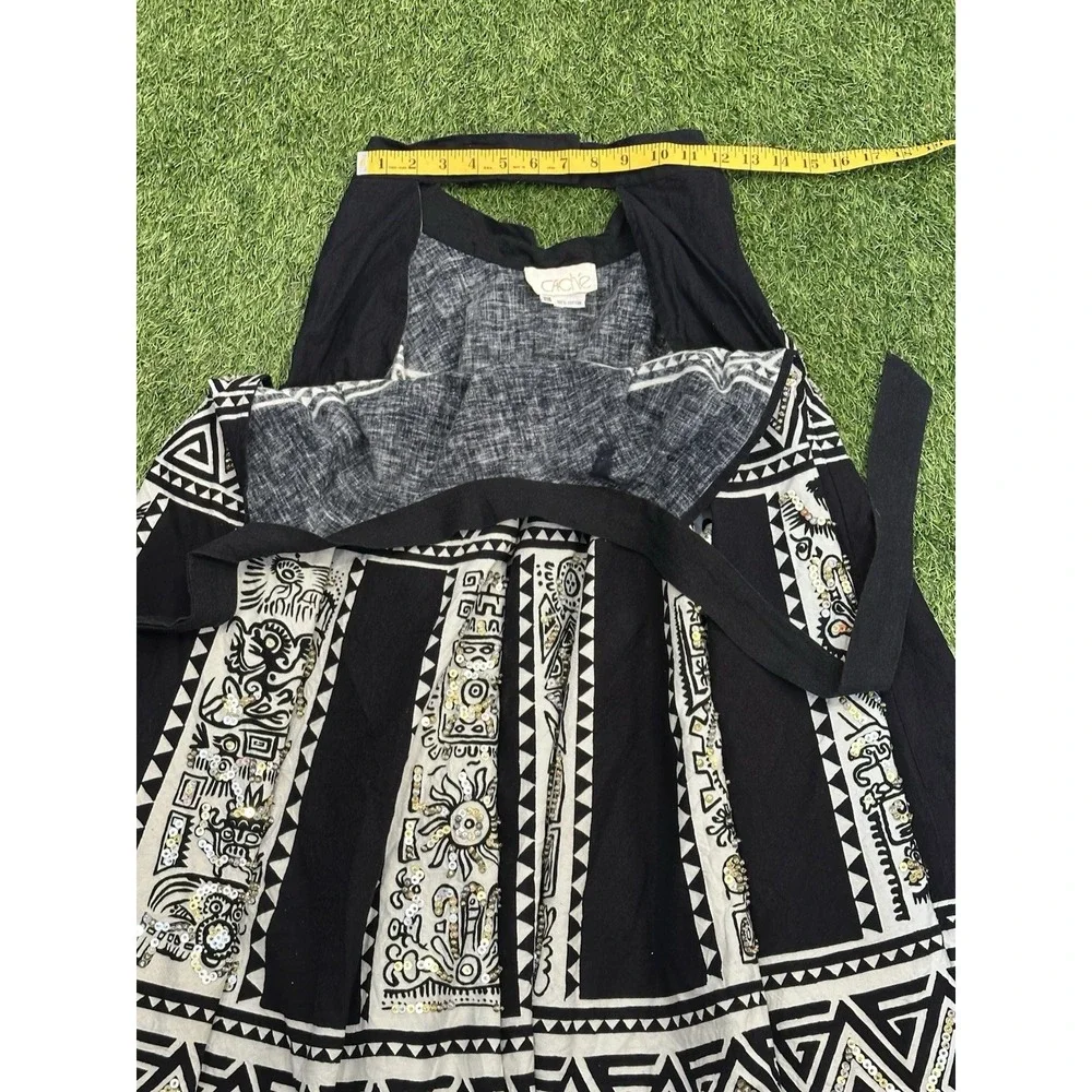 Vintage Cache Circle‎ Skirt Women One Size Black White Sequins Flare Midi Tie On